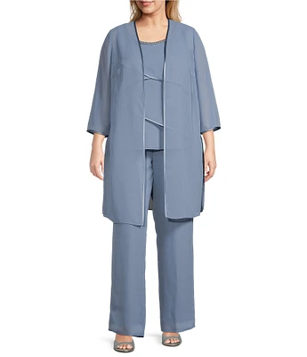 Le Bos Plus Size Pebble Georgette Satin Trim Beaded Scoop Neck 3/4 Sleeve 3-Piece Pant Set