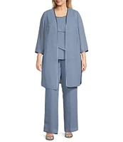 Le Bos Plus Size Pebble Georgette Satin Trim Beaded Scoop Neck 3/4 Sleeve 3-Piece Pant Set
