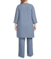 Le Bos Plus Size Pebble Georgette Satin Trim Beaded Scoop Neck 3/4 Sleeve 3-Piece Pant Set