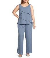 Le Bos Plus Size Pebble Georgette Satin Trim Beaded Scoop Neck 3/4 Sleeve 3-Piece Pant Set