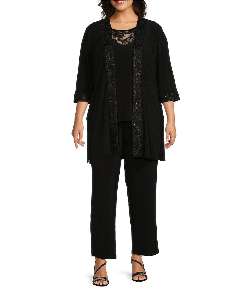 Le Bos Plus Size Round Neck 3/4 Sleeve Embroidered Trim Duster 3-Piece Pant Set