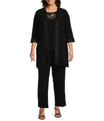 Le Bos Plus Size Round Neck 3/4 Sleeve Embroidered Trim Duster 3-Piece Pant Set