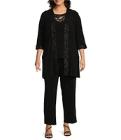 Le Bos Plus Size Round Neck 3/4 Sleeve Embroidered Trim Duster 3-Piece Pant Set