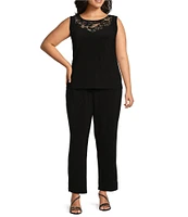 Le Bos Plus Size Round Neck 3/4 Sleeve Embroidered Trim Duster 3-Piece Pant Set