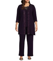 Le Bos Plus Size Round Neck 3/4 Sleeve Embroidered Trim Duster 3-Piece Pant Set