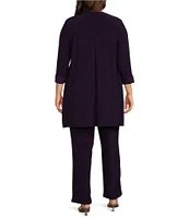 Le Bos Plus Size Round Neck 3/4 Sleeve Embroidered Trim Duster 3-Piece Pant Set