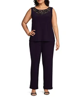 Le Bos Plus Size Round Neck 3/4 Sleeve Embroidered Trim Duster 3-Piece Pant Set