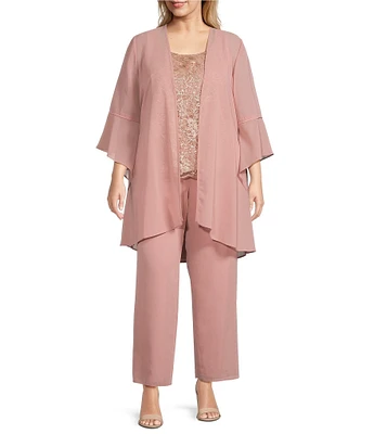 Le Bos Plus Size Scoop Neck 3/4 Sleeve 3-Piece Bell Sleeve Duster Pant Set