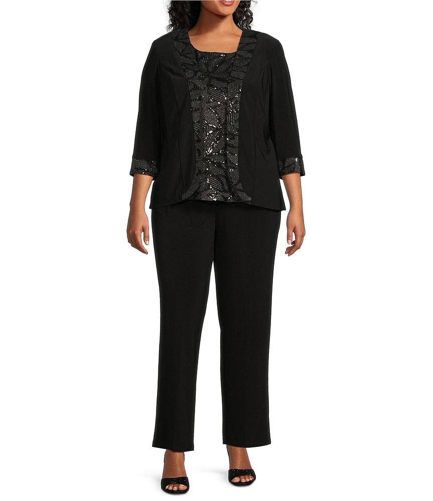 Le Bos Plus Size Sequin Embroidered Trim Crew Neck 3/4 Sleeve 3-Piece Pantsuit