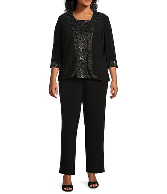 Le Bos Plus Size Sequin Embroidered Trim Crew Neck 3/4 Sleeve 3-Piece Pantsuit