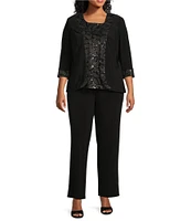 Le Bos Plus Size Sequin Embroidered Trim Crew Neck 3/4 Sleeve 3-Piece Pantsuit