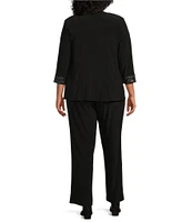 Le Bos Plus Size Sequin Embroidered Trim Crew Neck 3/4 Sleeve 3-Piece Pantsuit