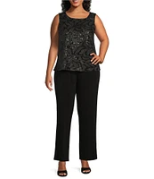 Le Bos Plus Size Sequin Embroidered Trim Crew Neck 3/4 Sleeve 3-Piece Pantsuit