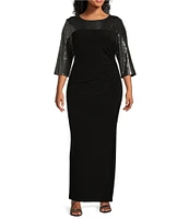 Le Bos Plus Size Sequin Trim Crew Neck 3/4 Sleeve Sheath Gown