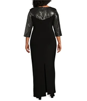 Le Bos Plus Size Sequin Trim Crew Neck 3/4 Sleeve Sheath Gown