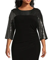 Le Bos Plus Size Sequin Trim Crew Neck 3/4 Sleeve Sheath Gown