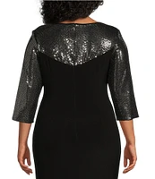 Le Bos Plus Size Sequin Trim Crew Neck 3/4 Sleeve Sheath Gown