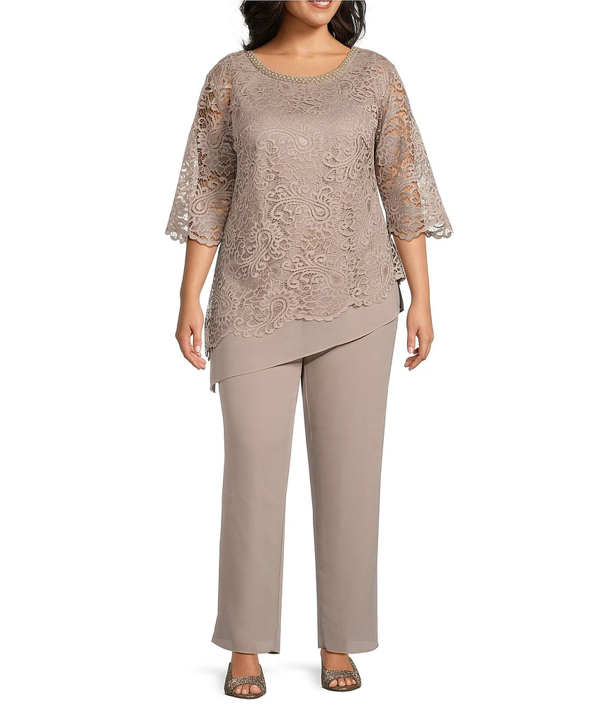 Le Bos Plus Size Stretch Lace 3/4 Sleeve Beaded Round Neck Knit 2-Piece Pant Set