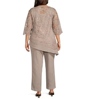 Le Bos Plus Size Stretch Lace 3/4 Sleeve Beaded Round Neck Knit 2-Piece Pant Set