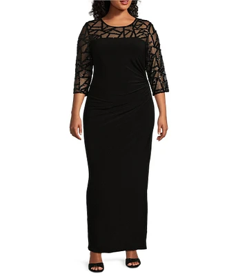 Le Bos Plus Size Stretch Sequin Lace Mesh Crew Neck 3/4 Illusion Sleeve Back Slit Column Dress