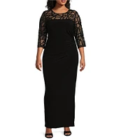 Le Bos Plus Size Stretch Sequin Lace Mesh Crew Neck 3/4 Illusion Sleeve Back Slit Column Dress