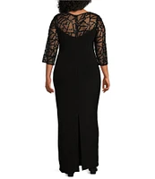 Le Bos Plus Size Stretch Sequin Lace Mesh Crew Neck 3/4 Illusion Sleeve Back Slit Column Dress
