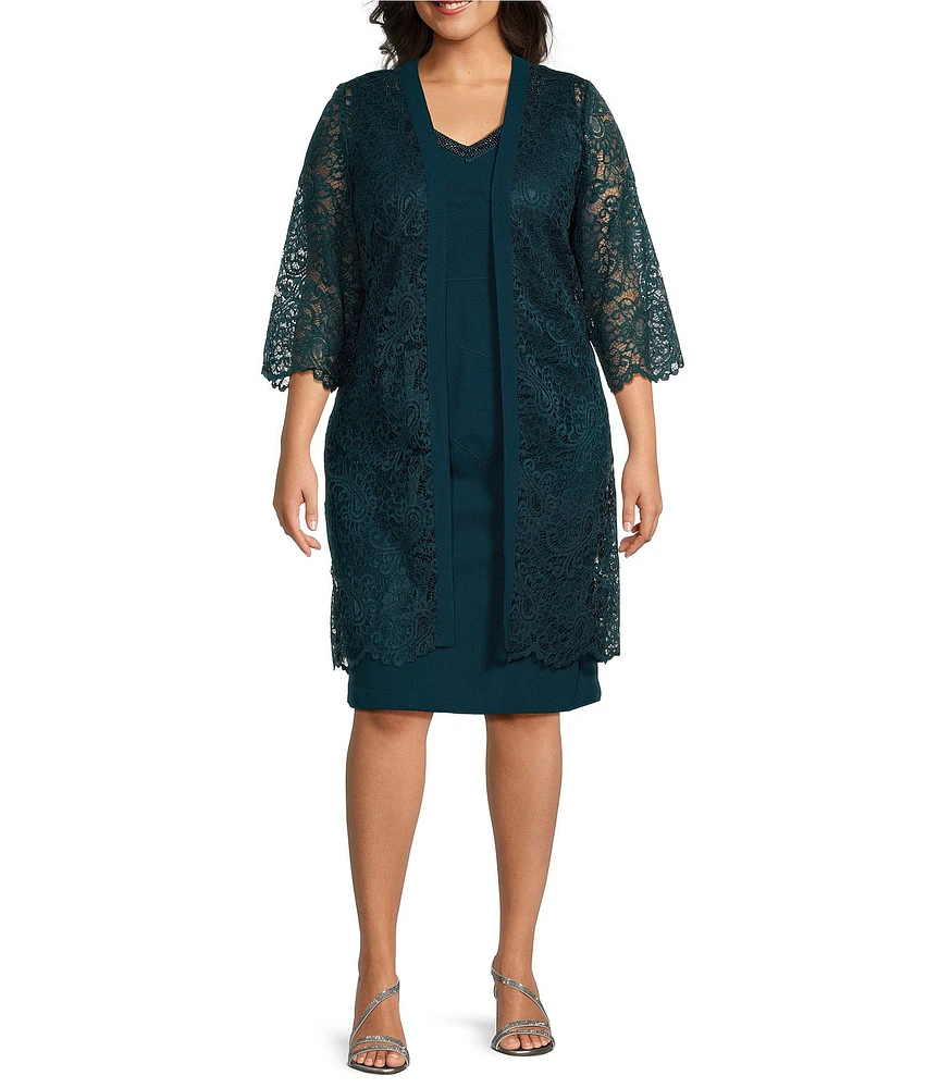 Le Bos Plus Size V-Neck Beaded Trim 3/4 Sleeve Lace 2-Piece Jacket Dress Set