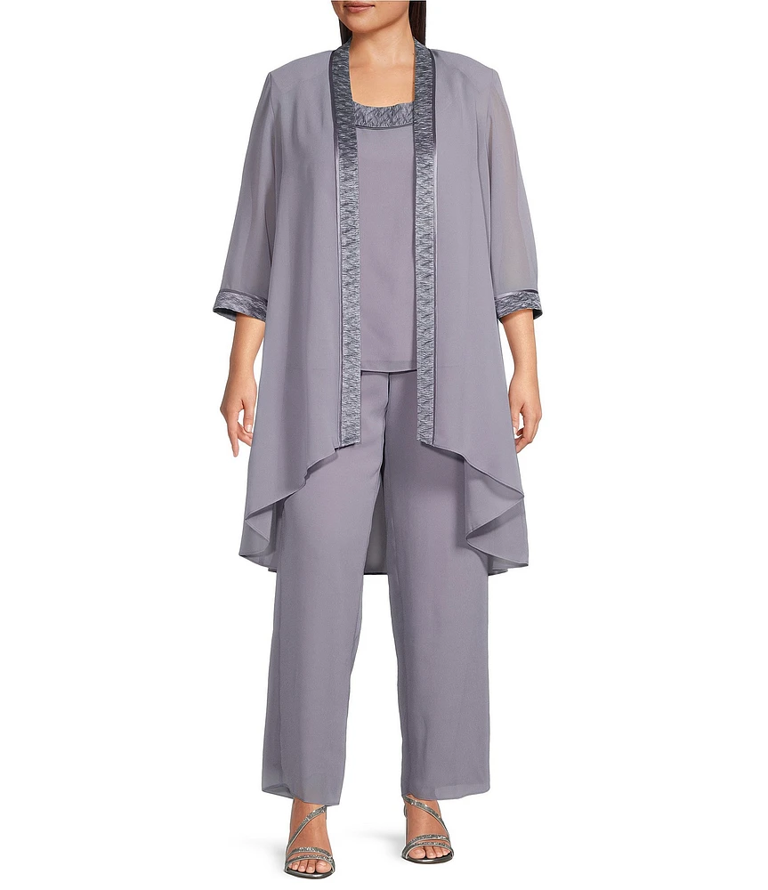Le Bos Plus Size Round Neck 3/4 Sleeve Georgette Tonal Trim Evening 3-Piece Pant Set