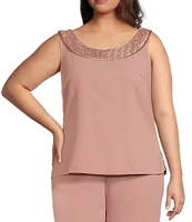 Le Bos Plus Size Round Neck 3/4 Sleeve Georgette Tonal Trim Evening 3-Piece Pant Set