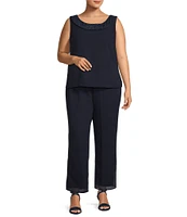 Le Bos Plus Size Round Neck 3/4 Sleeve Georgette Tonal Trim Evening 3-Piece Pant Set