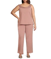 Le Bos Plus Size Round Neck 3/4 Sleeve Georgette Tonal Trim Evening 3-Piece Pant Set