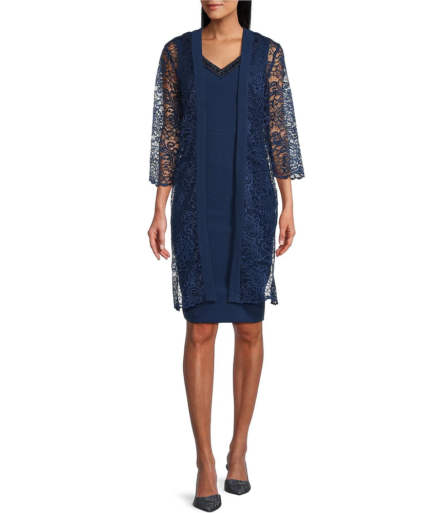 Le Bos Stretch Knit Scalloped Floral Lace V-Neck Beaded Trim 3/4 Sleeve Scalloped Hem 2-Piece Jacket Dress