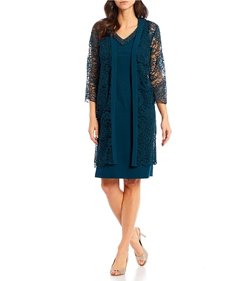 Le Bos Stretch Knit Scalloped Floral Lace V-Neck Beaded Trim 3/4 Sleeve Scalloped Hem 2-Piece Jacket Dress