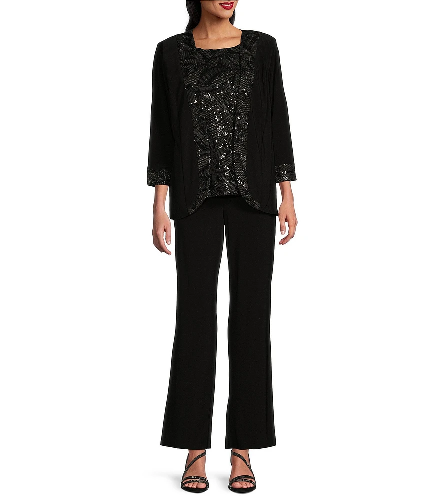 Le Bos Sequin Embroidered Trim Crew Neck 3/4 Sleeve 3-Piece Pantsuit