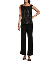 Le Bos Sequin Embroidered Trim Crew Neck 3/4 Sleeve 3-Piece Pantsuit