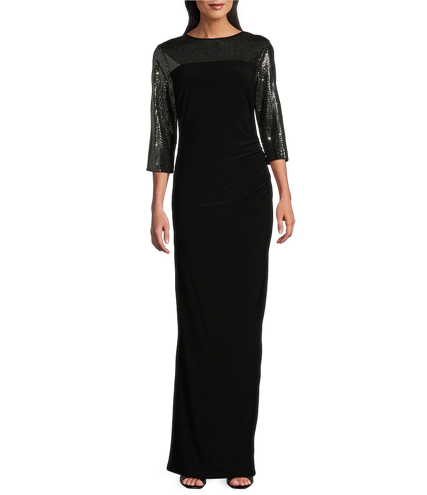 Le Bos Sequin Trim Crew Neck 3/4 Sleeve Sheath Gown