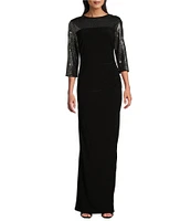 Le Bos Sequin Trim Crew Neck 3/4 Sleeve Sheath Gown