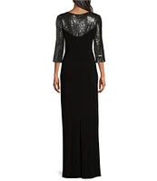 Le Bos Sequin Trim Crew Neck 3/4 Sleeve Sheath Gown