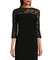 Le Bos Stretch Sequin Lace Mesh Crew Neck 3/4 Illusion Sleeves Back Slit Column Dress