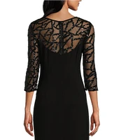 Le Bos Stretch Sequin Lace Mesh Crew Neck 3/4 Illusion Sleeves Back Slit Column Dress