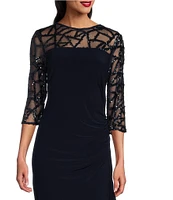 Le Bos Stretch Sequin Lace Mesh Crew Neck 3/4 Illusion Sleeves Back Slit Column Dress