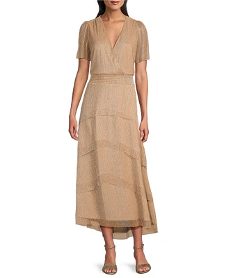 Le Bos Surplice Neck Short Sleeve Tiered Metallic Dress