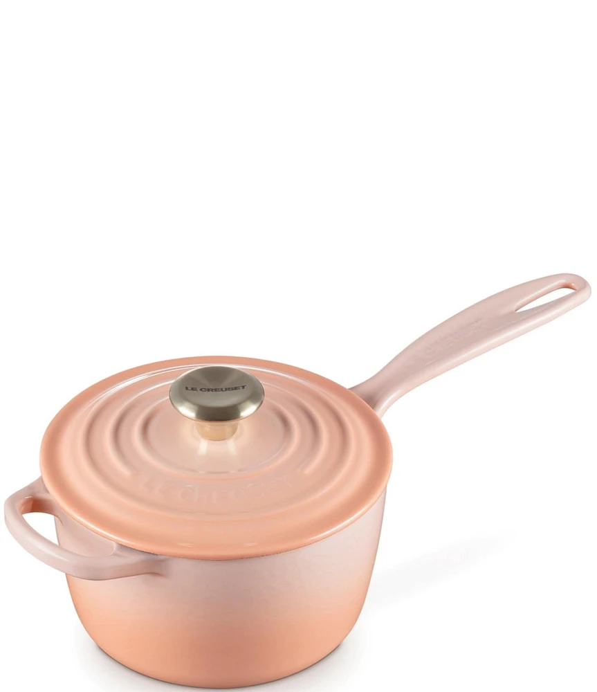 Le Creuset Signature 1.75-Quart Enameled Cast Iron Saucepan with Light Gold Knob - Peche