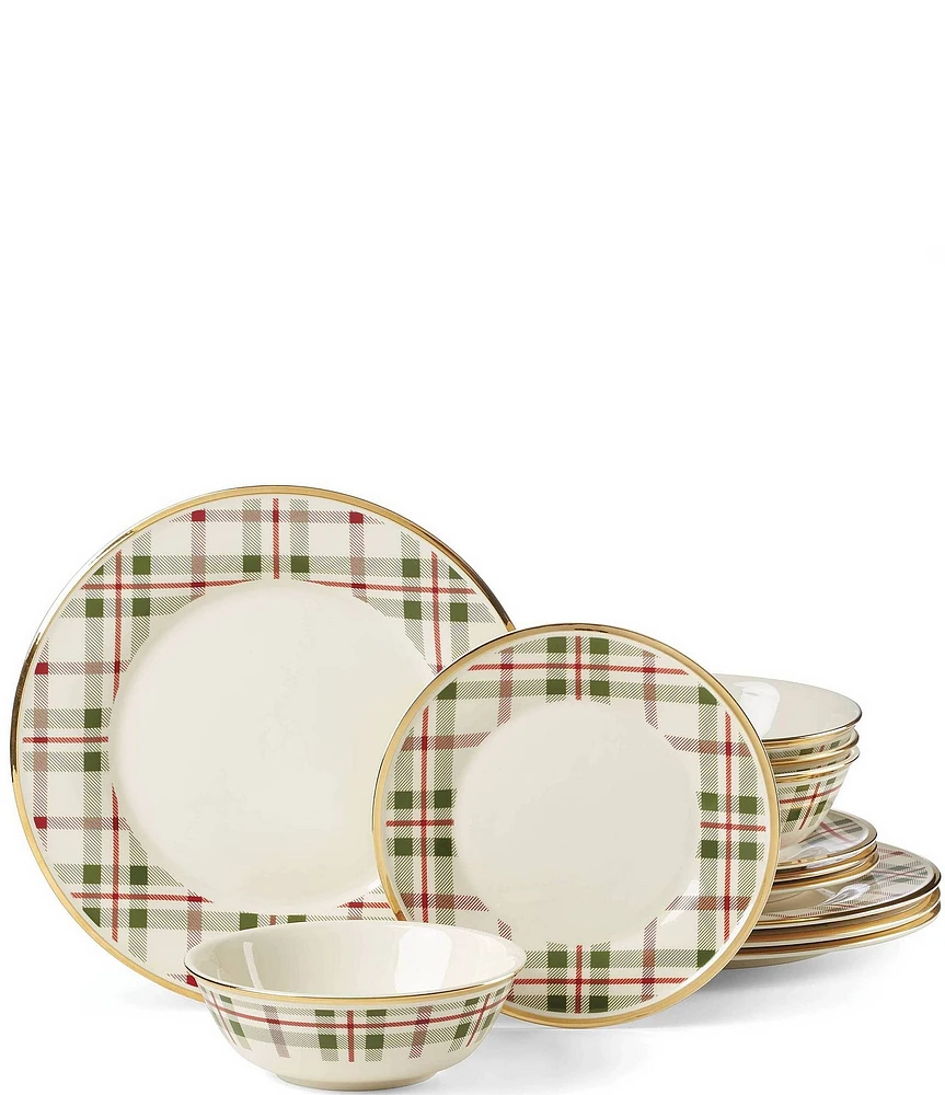 Lenox Holiday Tartan Plaid 14K Gold Accents 12-Piece Dinnerware Set