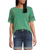 Leo & Nicole Acid Wash Crew Neck Short Sleeve Crochet Trim Knit Tee