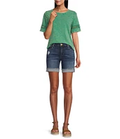 Leo & Nicole Acid Wash Crew Neck Short Sleeve Crochet Trim Knit Tee