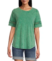 Leo & Nicole Acid Wash Crew Neck Short Sleeve Crochet Trim Knit Tee