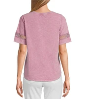 Leo & Nicole Acid Wash Crew Neck Short Sleeve Crochet Trim Knit Tee