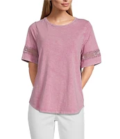 Leo & Nicole Acid Wash Crew Neck Short Sleeve Crochet Trim Knit Tee
