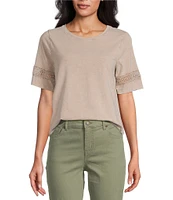 Leo & Nicole Acid Wash Crew Neck Short Sleeve Crochet Trim Knit Tee